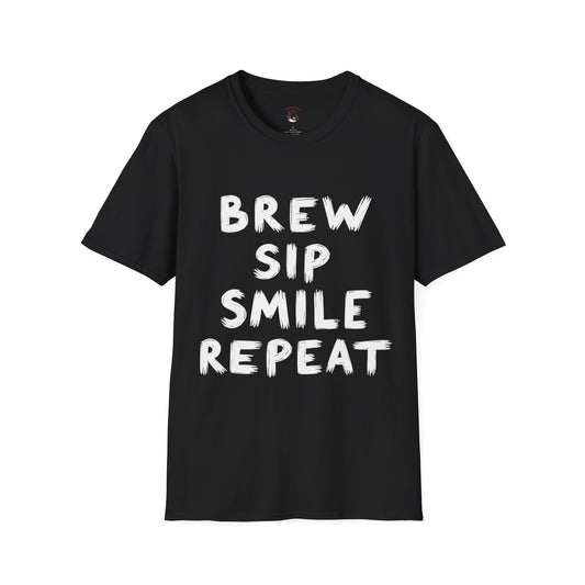 Brew Sip Smile Repeat" Coffee Lover’s T-Shirt – Comfortable & Stylish Tee for Caffeine Enthusiasts