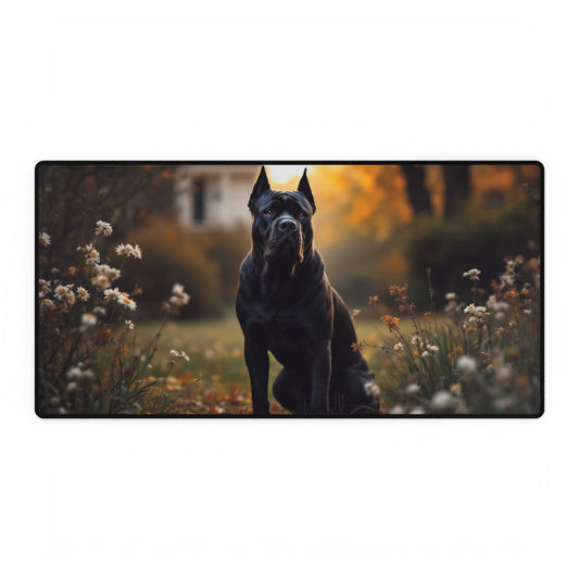 Beautiful Black Cane Corso Sitting in a Yard with Flowers Around, Dog Lover Gift, Office Decor, Desk Accessory,